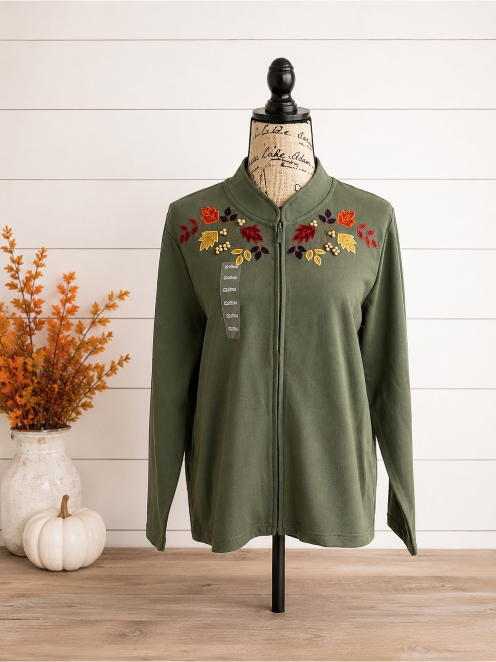 NWT Mandal Bay Olive Green Embroidered Fall Leaves Full Zip Jacket Women’s M - Picture 2 of 6